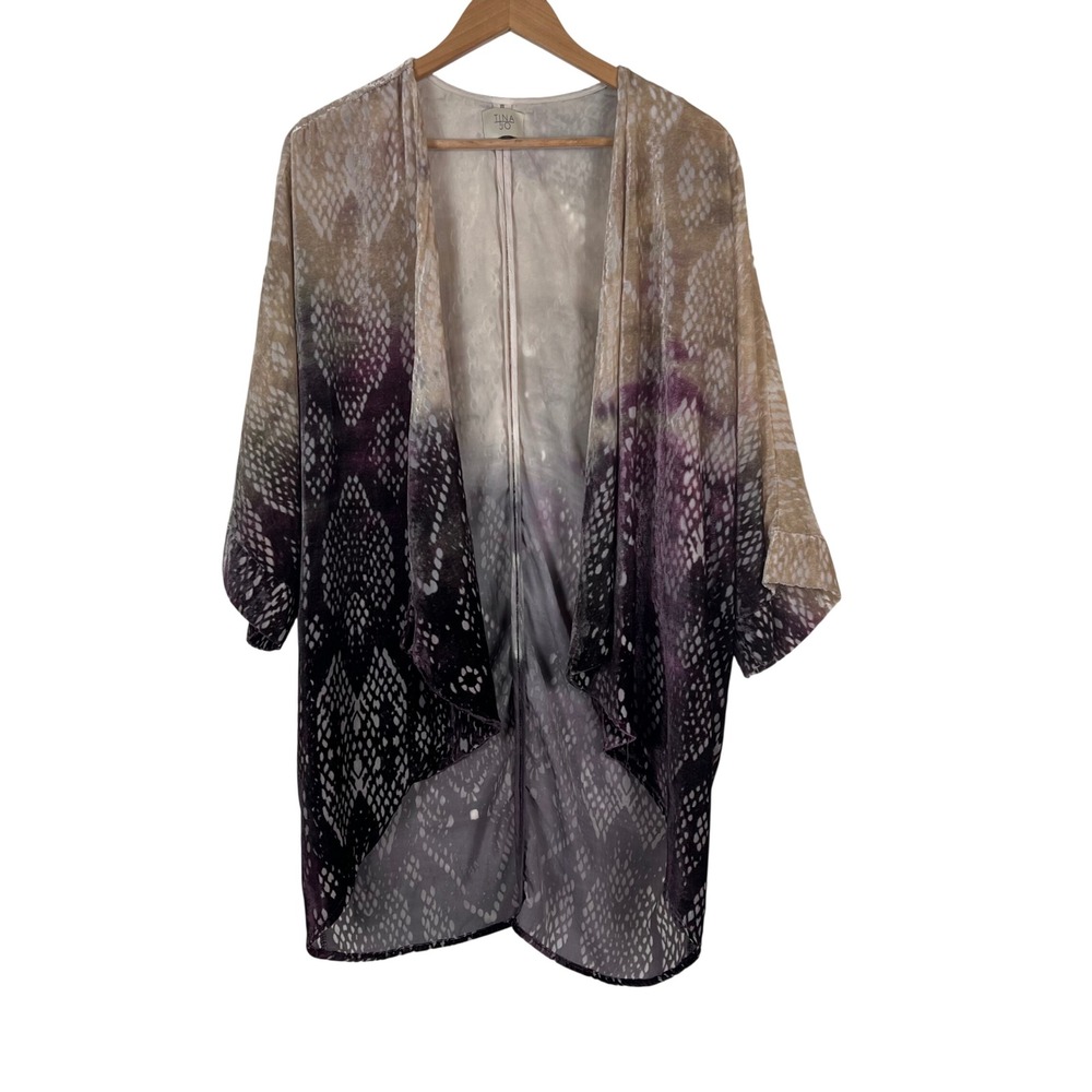 Tina Jo Womens Ombre Snake Print Burnout Velvet Kimono Cardigan Purple Tan‎ OS